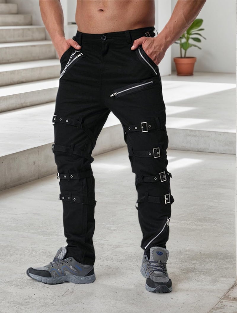 Idopy Men`s Steampunk Gothic Hip Hop Punk Rock Pants with Chain - Image 2